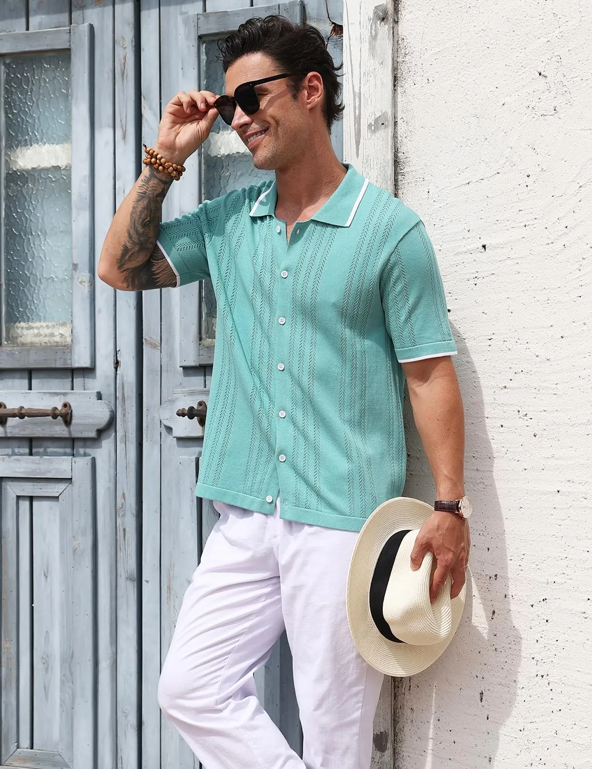 2025 New Men's Knit Button Down Shirt Vintage Short Sleeve Polo Shirts Summer Casual Beach Tops S-3XL