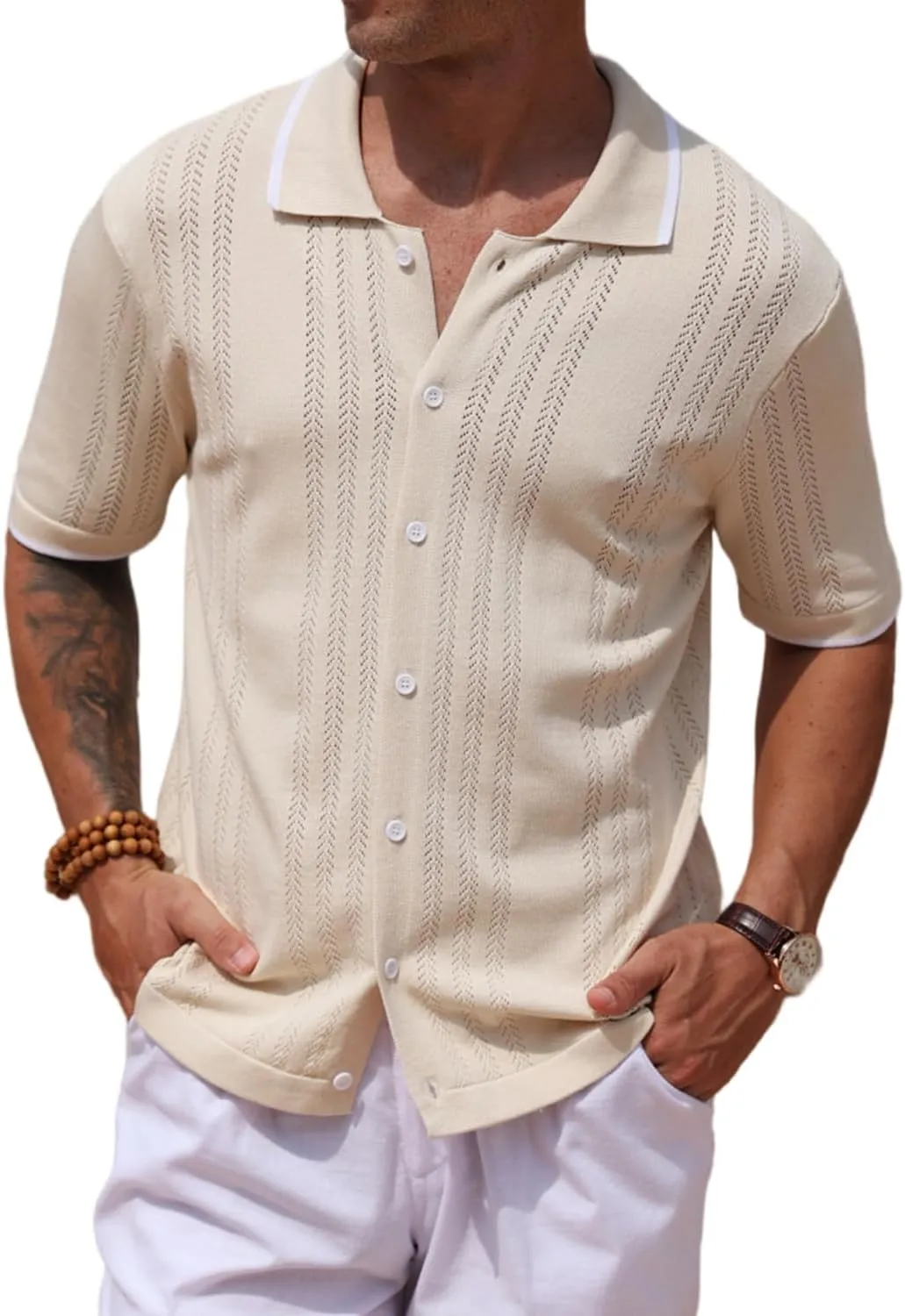 2025 New Men's Knit Button Down Shirt Vintage Short Sleeve Polo Shirts Summer Casual Beach Tops S-3XL