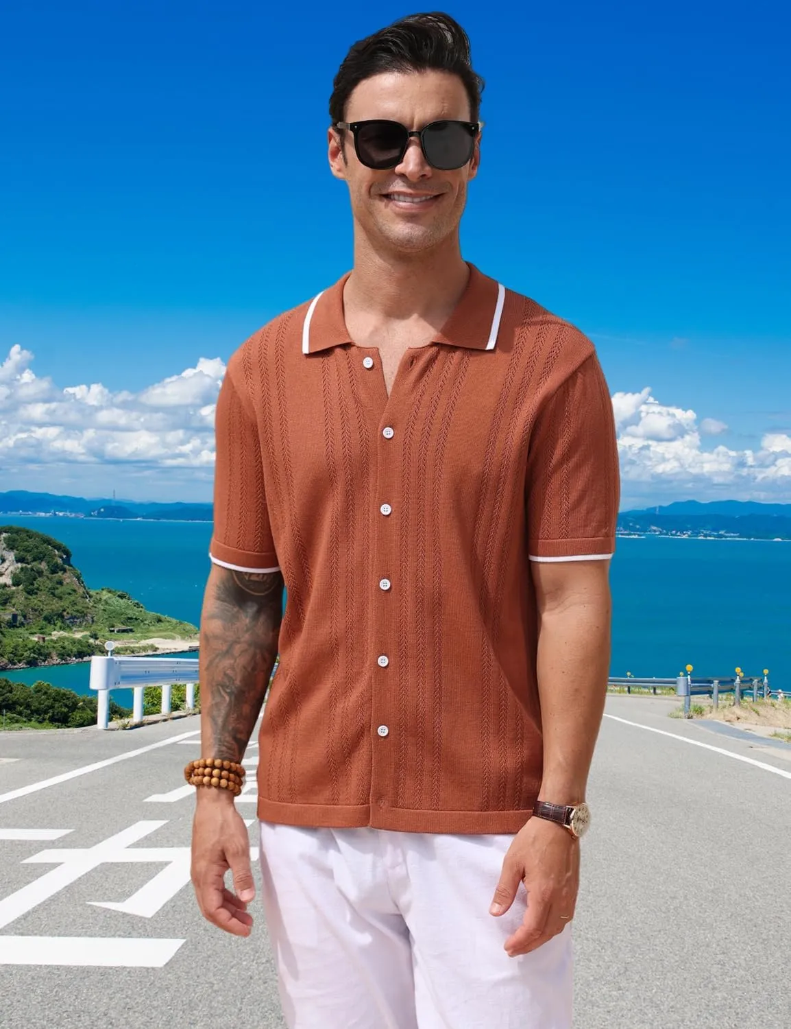 2025 New Men's Knit Button Down Shirt Vintage Short Sleeve Polo Shirts Summer Casual Beach Tops S-3XL