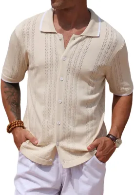 2025 New Men's Knit Button Down Shirt Vintage Short Sleeve Polo Shirts Summer Casual Beach Tops S-3XL
