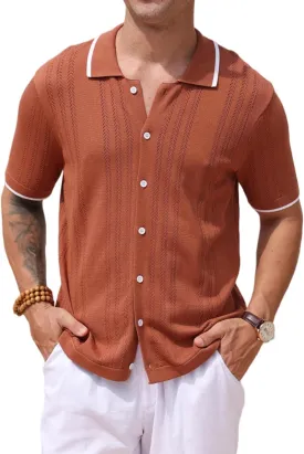 2025 New Men's Knit Button Down Shirt Vintage Short Sleeve Polo Shirts Summer Casual Beach Tops S-3XL