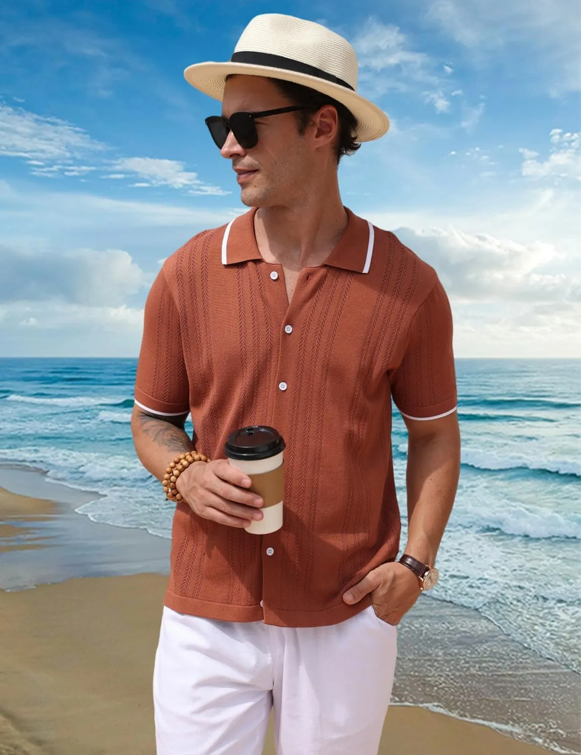 2025 New Men's Knit Button Down Shirt Vintage Short Sleeve Polo Shirts Summer Casual Beach Tops S-3XL