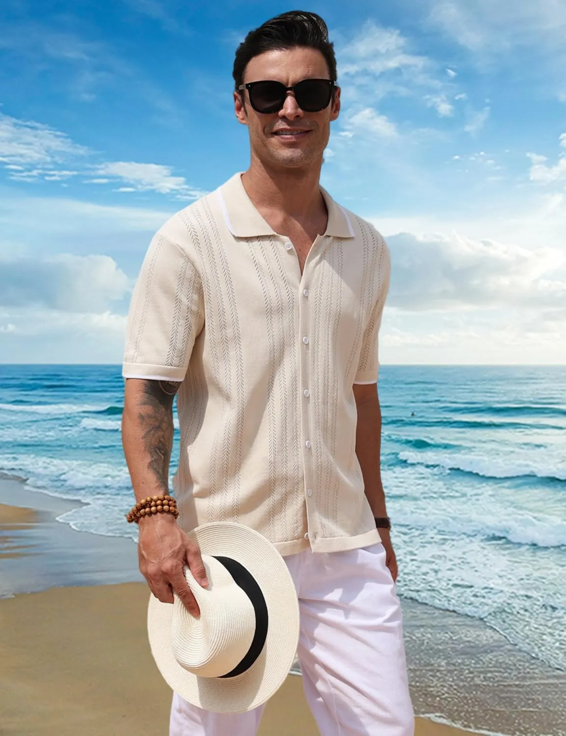 2025 New Men's Knit Button Down Shirt Vintage Short Sleeve Polo Shirts Summer Casual Beach Tops S-3XL
