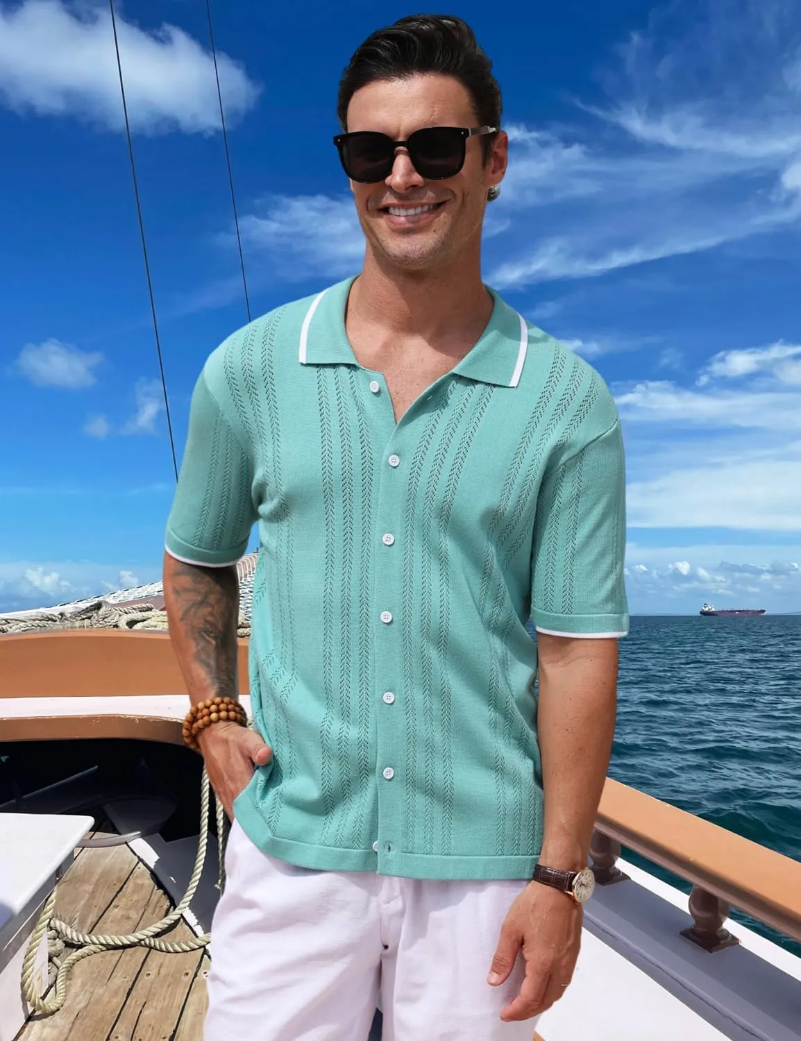 2025 New Men's Knit Button Down Shirt Vintage Short Sleeve Polo Shirts Summer Casual Beach Tops S-3XL