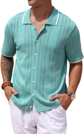 2025 New Men's Knit Button Down Shirt Vintage Short Sleeve Polo Shirts Summer Casual Beach Tops S-3XL