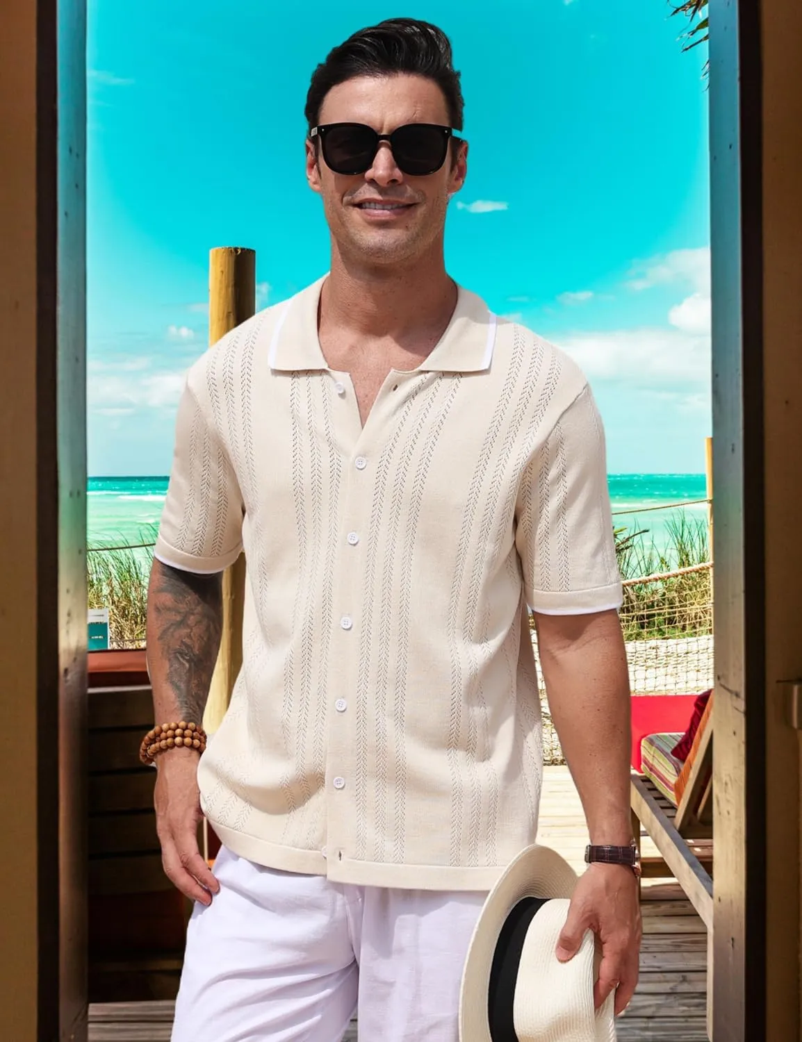 2025 New Men's Knit Button Down Shirt Vintage Short Sleeve Polo Shirts Summer Casual Beach Tops S-3XL