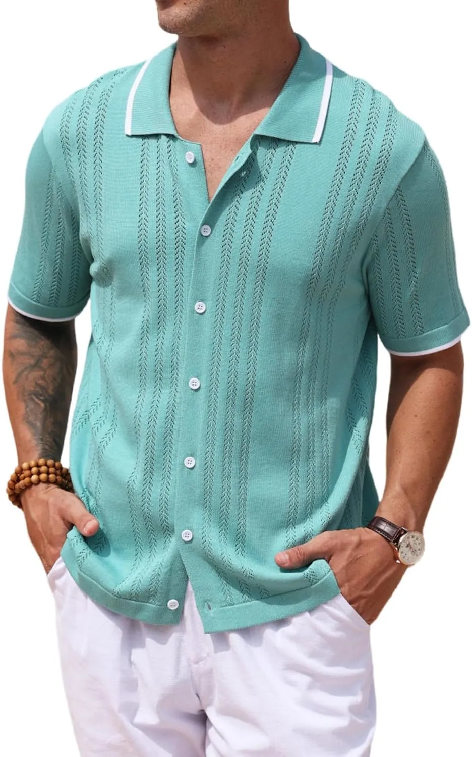2025 New Men's Knit Button Down Shirt Vintage Short Sleeve Polo Shirts Summer Casual Beach Tops S-3XL