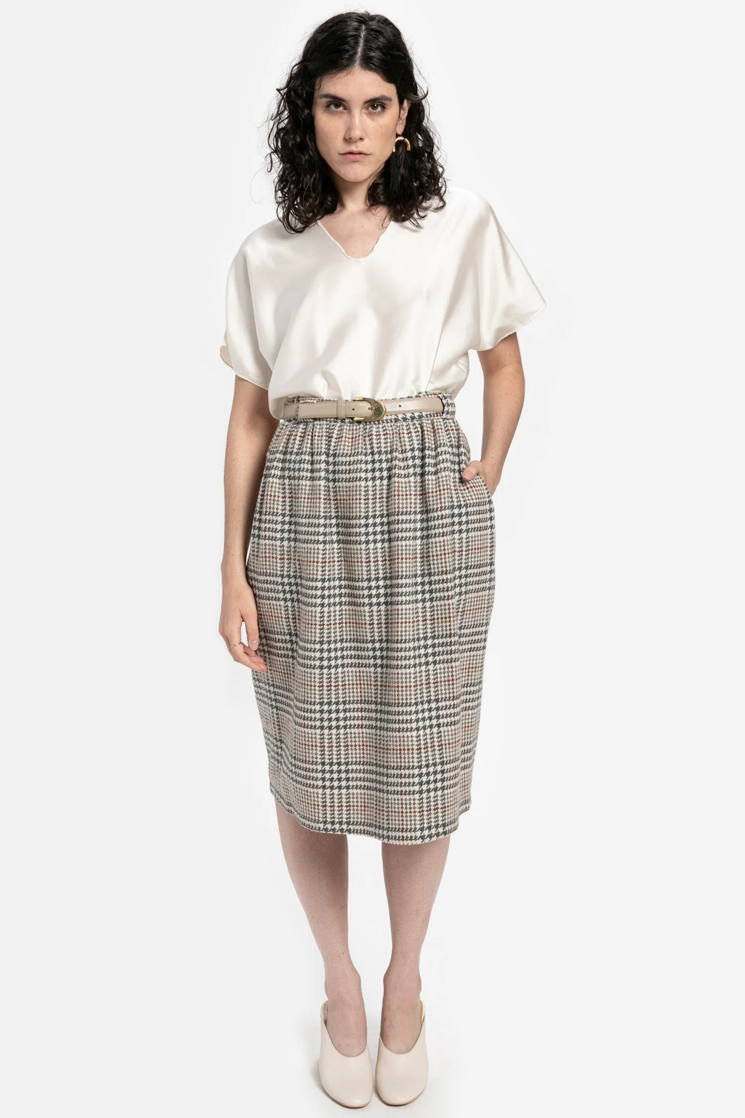70s Grey Plaid Wool Skirt M