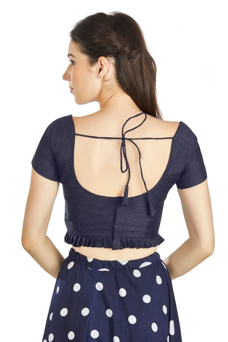Aastha Fashion Navy Blue Art Silk Pleated Boat Neck Princes Readymade Blouse