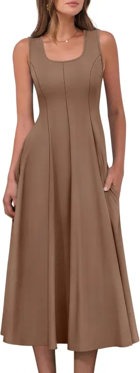 ANRABESS Womens Summer Casual Sleeveless Midi Dresses Scoop Neck Fit & Flare A-Line Flowy Long Sundress Beach Outfits