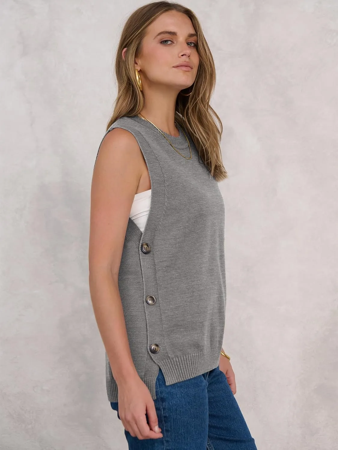 ANRABESS Womens Sweater Vest Summer Sleeveless Crewneck Ribbed Knit Side Button Pullover Tank Tops 2025 Outfits