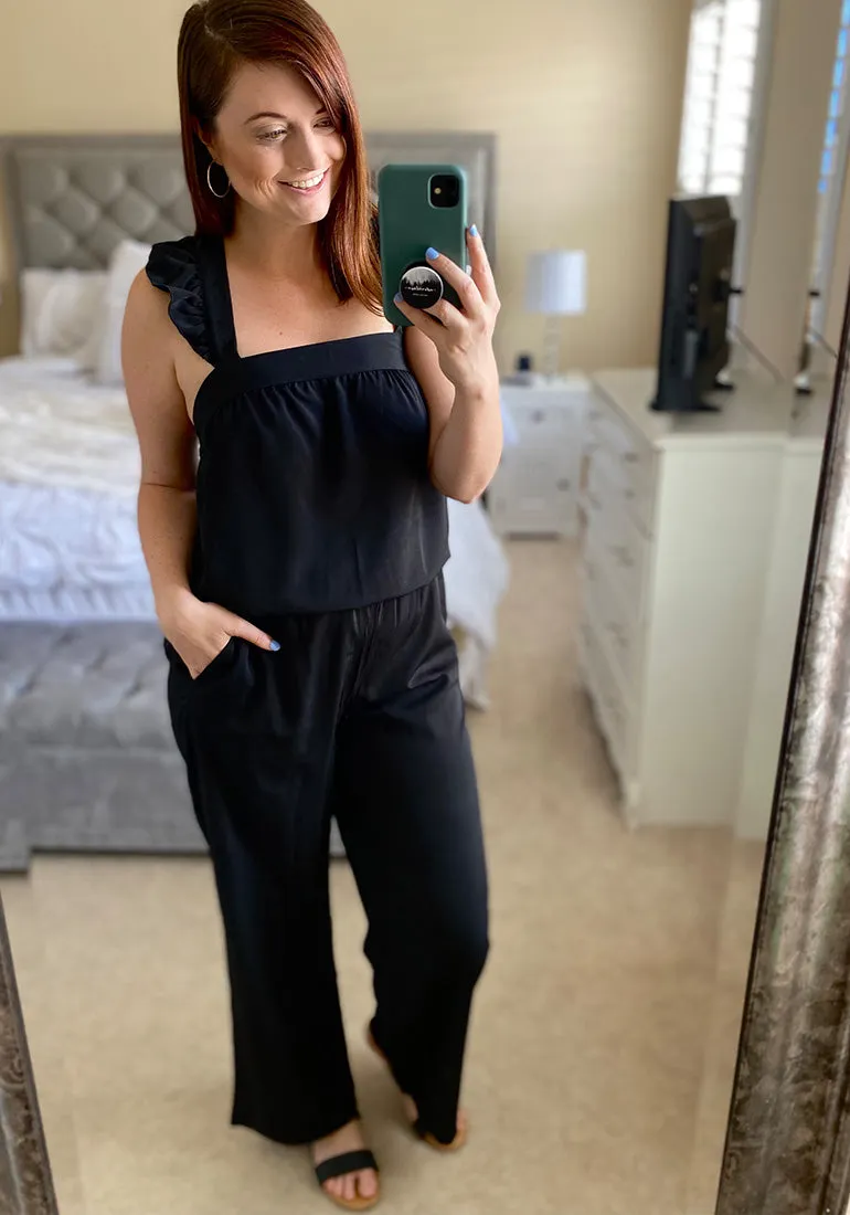 Black Women's 2 Piece Sets Flowy Square Neck Top Wide Leg Pants Vacation Two Piece Outfits
