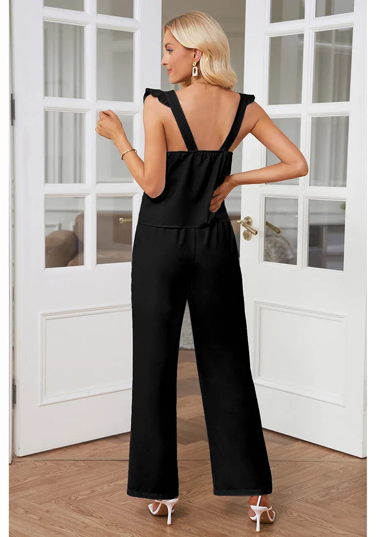 Black Women's 2 Piece Sets Flowy Square Neck Top Wide Leg Pants Vacation Two Piece Outfits