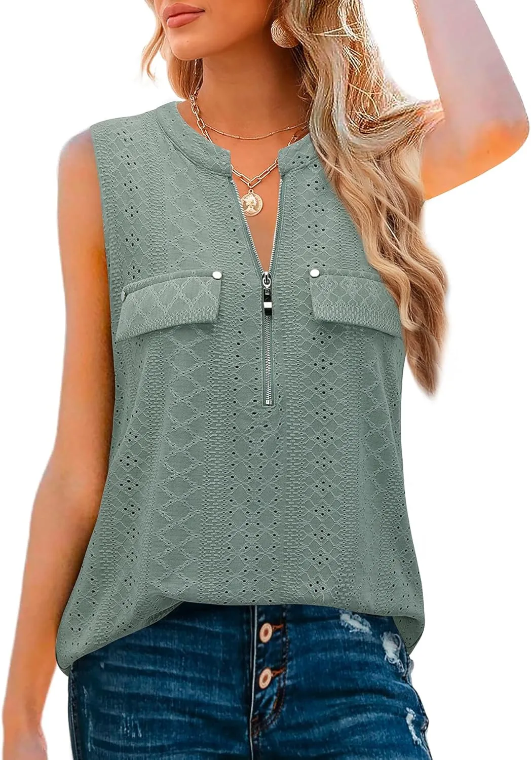 Bulotus Women's V-Neck Casual Tunic Tank Tops Zipper Sleeveless Blouse Shirt