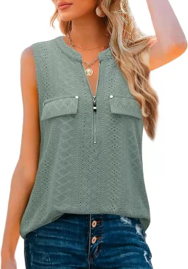 Bulotus Women's V-Neck Casual Tunic Tank Tops Zipper Sleeveless Blouse Shirt
