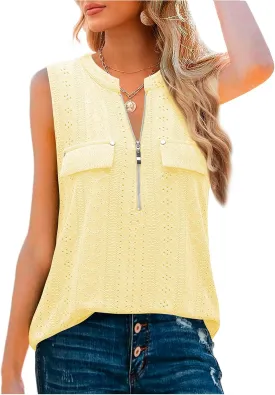 Bulotus Women's V-Neck Casual Tunic Tank Tops Zipper Sleeveless Blouse Shirt