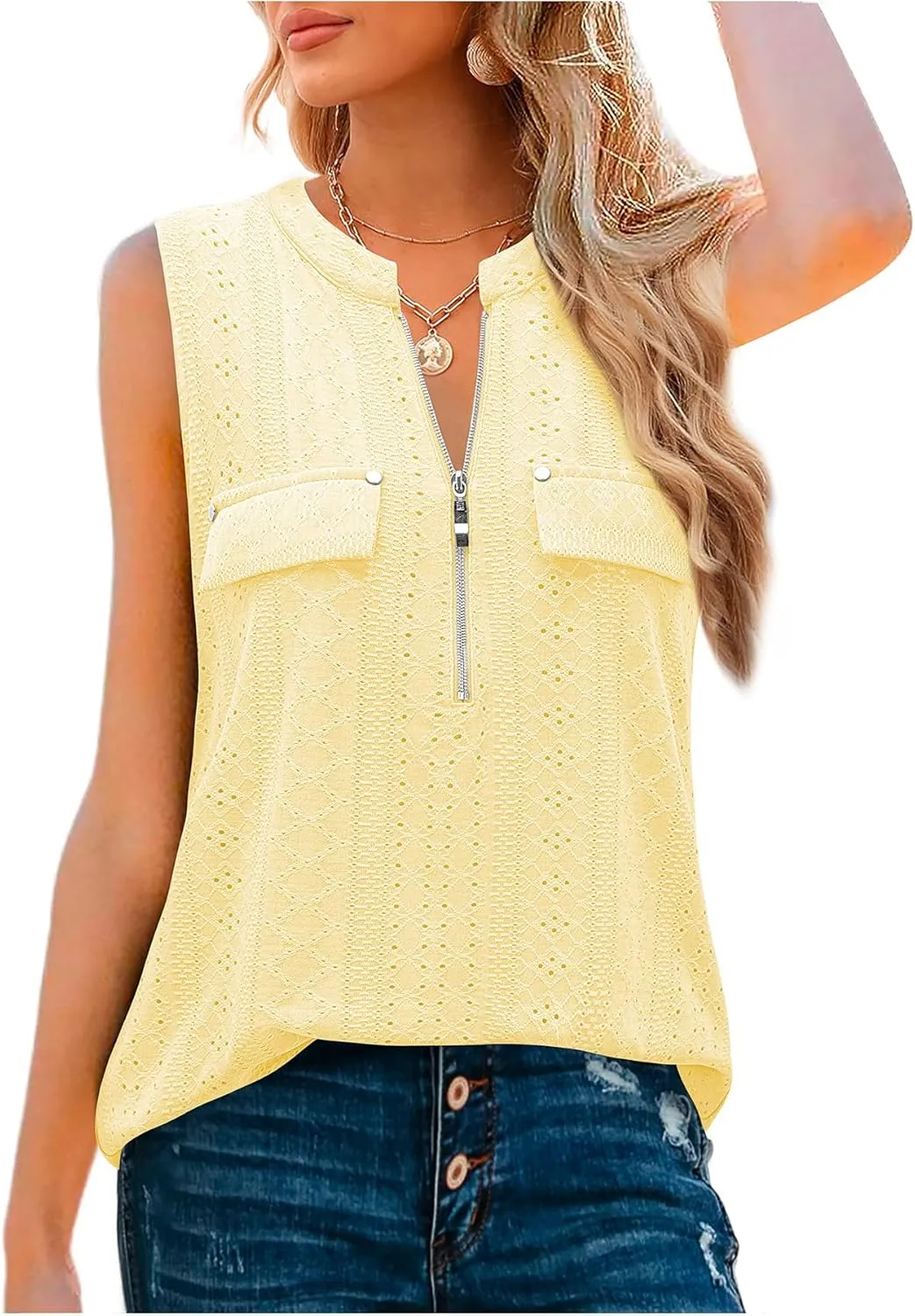 Bulotus Women's V-Neck Casual Tunic Tank Tops Zipper Sleeveless Blouse Shirt