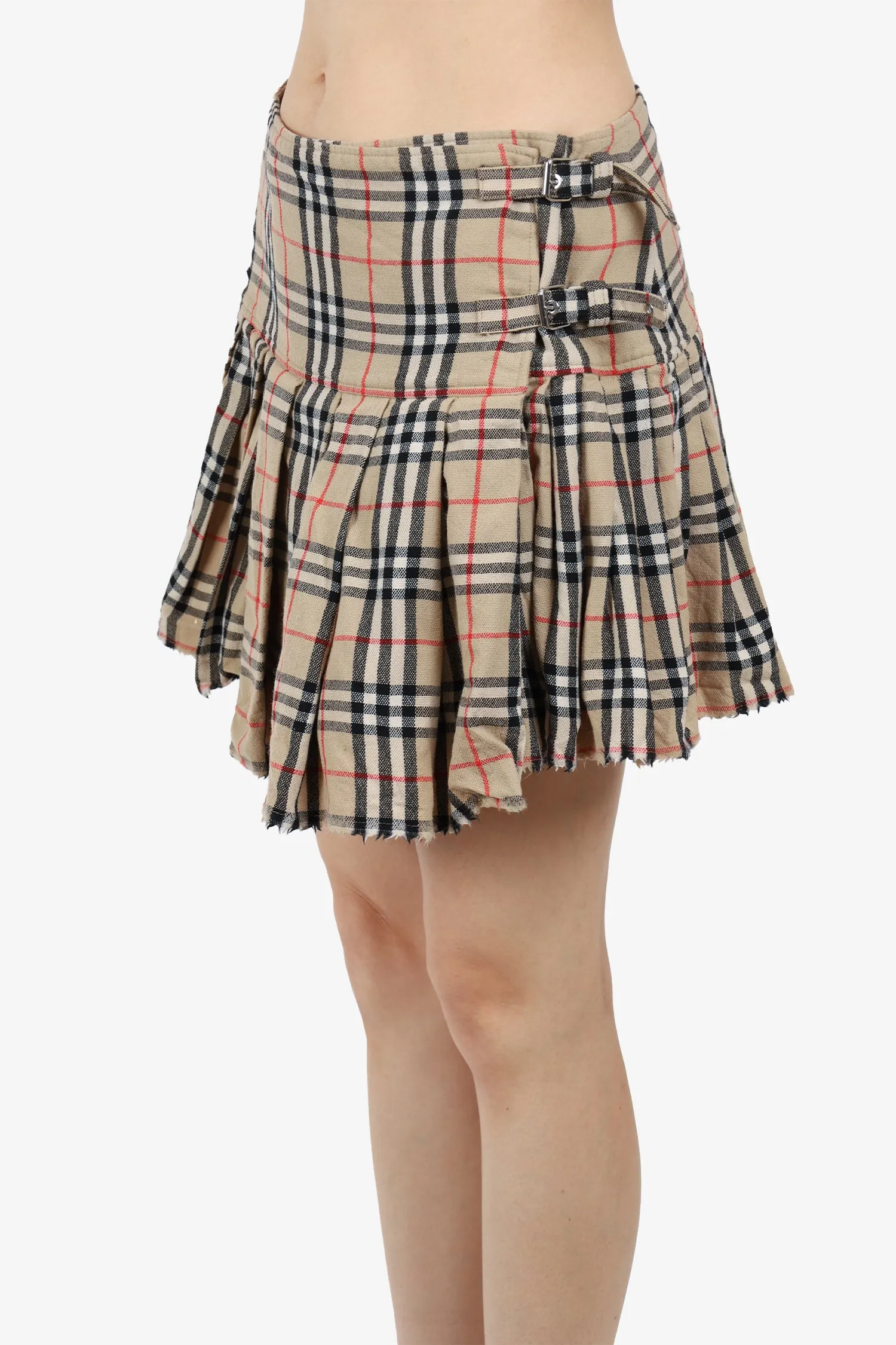 Burberry Beige Wool Check Pleated Buckled Mini Skirt Size 10