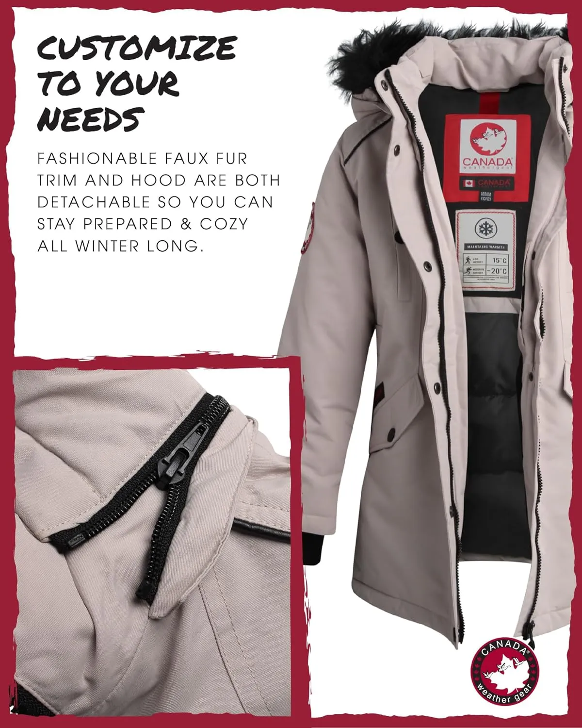 CANADA WEATHER GEAR Girls' Winter Faux Fur Lining Ski Jacket - Water and Wind Resistant Fleece Coat with Hood (Sizes: 7-16)