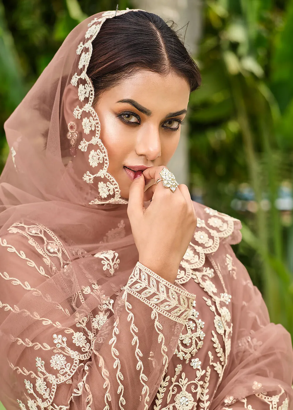 Copper Brown Stone & Cording Work Festive Palazzo Suit - Emponline
