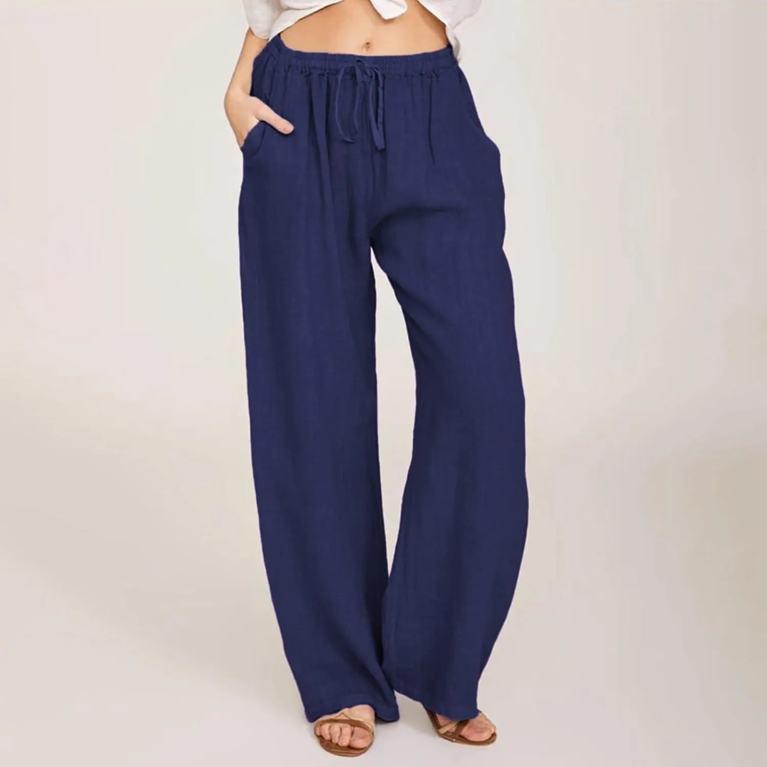 Cotton Linen Pants for Women Summer Drawstring High Waisted Palazzo Pants Casual Wide Leg Yoga Pants with Pockets