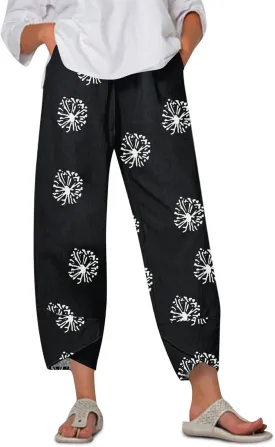 Cotton Linen Pants Women Petite Boho Summer Casual Baggy Beach Capris Lounge Lightweight Loose Fit Harem Trousers