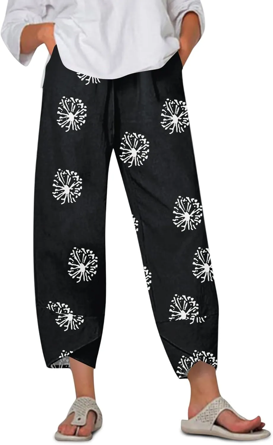 Cotton Linen Pants Women Petite Boho Summer Casual Baggy Beach Capris Lounge Lightweight Loose Fit Harem Trousers