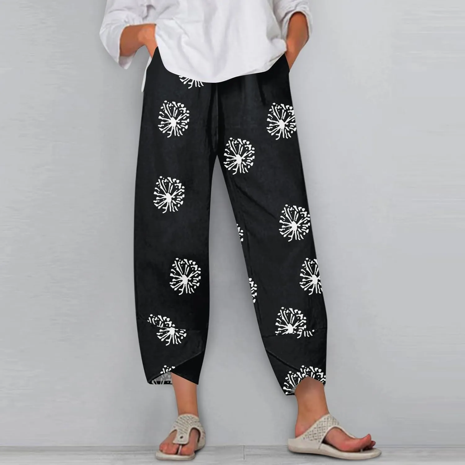 Cotton Linen Pants Women Petite Boho Summer Casual Baggy Beach Capris Lounge Lightweight Loose Fit Harem Trousers