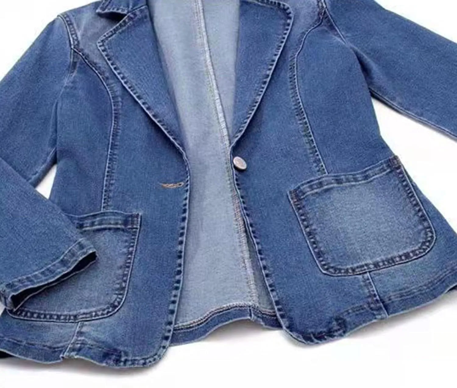 Denim Blazer Suit for Women Notch Collar One Button Office Lady Business Work Outfits Lapel Blue Jean Jacket