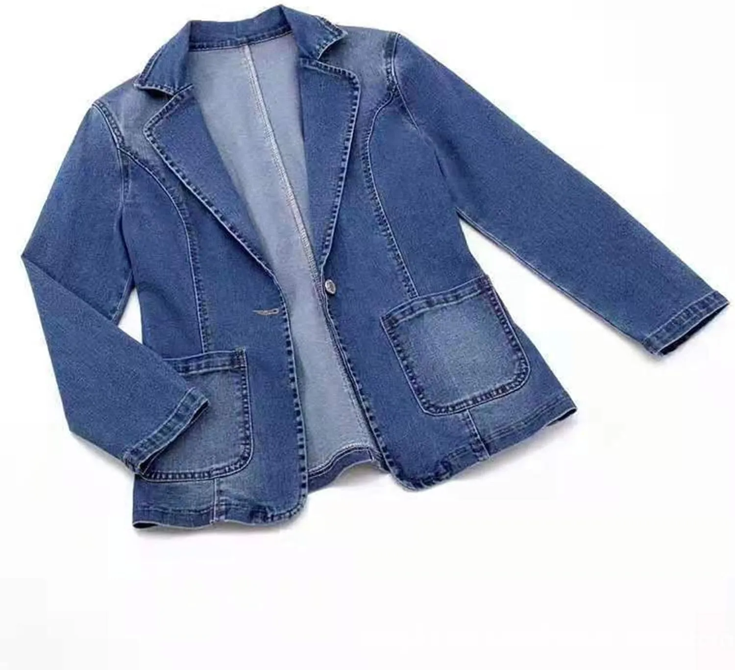 Denim Blazer Suit for Women Notch Collar One Button Office Lady Business Work Outfits Lapel Blue Jean Jacket