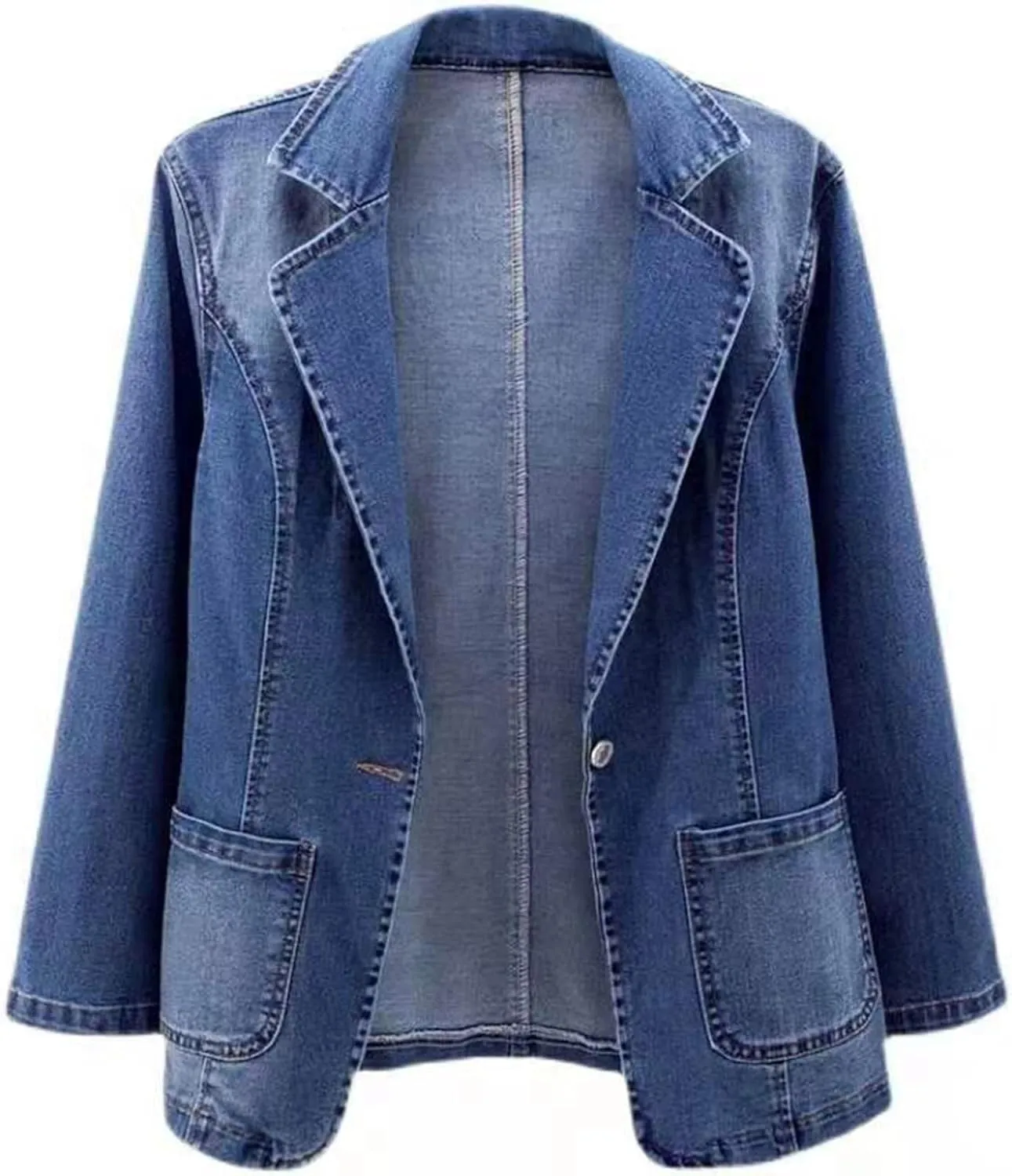 Denim Blazer Suit for Women Notch Collar One Button Office Lady Business Work Outfits Lapel Blue Jean Jacket