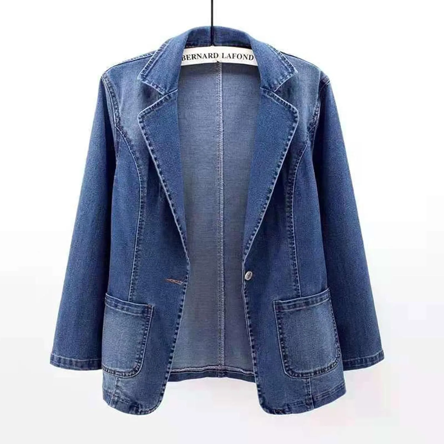 Denim Blazer Suit for Women Notch Collar One Button Office Lady Business Work Outfits Lapel Blue Jean Jacket