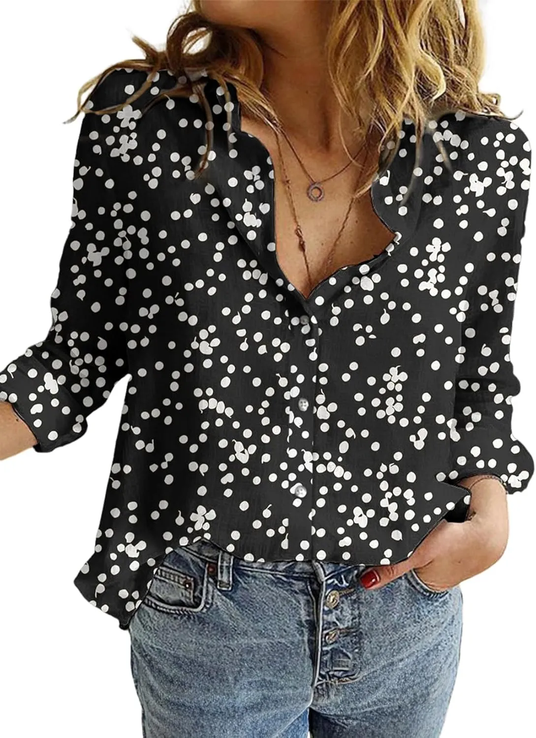 Dokotoo Women's Casual V Neck Alicia Floral Print Roll Up Long Sleeve Chiffon Button Down Blouses Bohemian Top Shirts