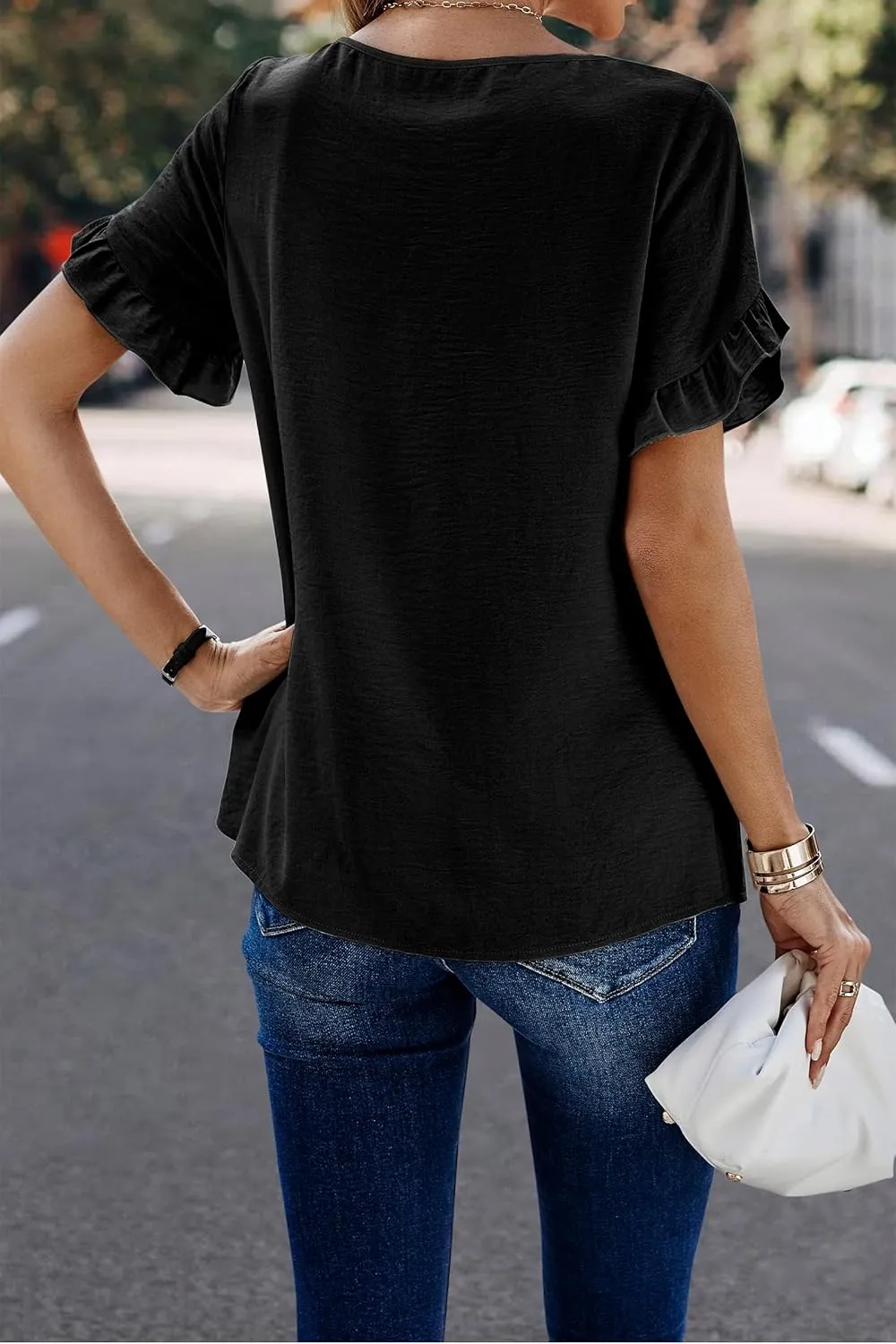 ECOWISH Womens Casual Ruffle Tops: Short Sleeve Summer Blouses Soild Crewneck Tunics Shirts