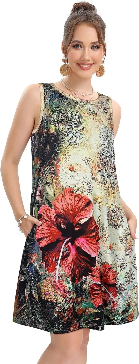 elescat Women's Summer Dresses 2025 Beach Casual Sleeveless Floral Print Tank Loose Sundress with Pocket