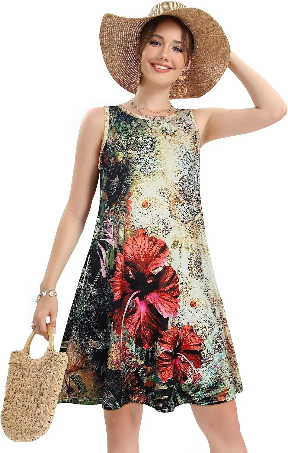 elescat Women's Summer Dresses 2025 Beach Casual Sleeveless Floral Print Tank Loose Sundress with Pocket