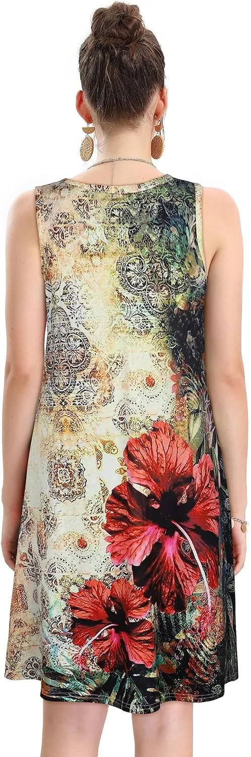 elescat Women's Summer Dresses 2025 Beach Casual Sleeveless Floral Print Tank Loose Sundress with Pocket