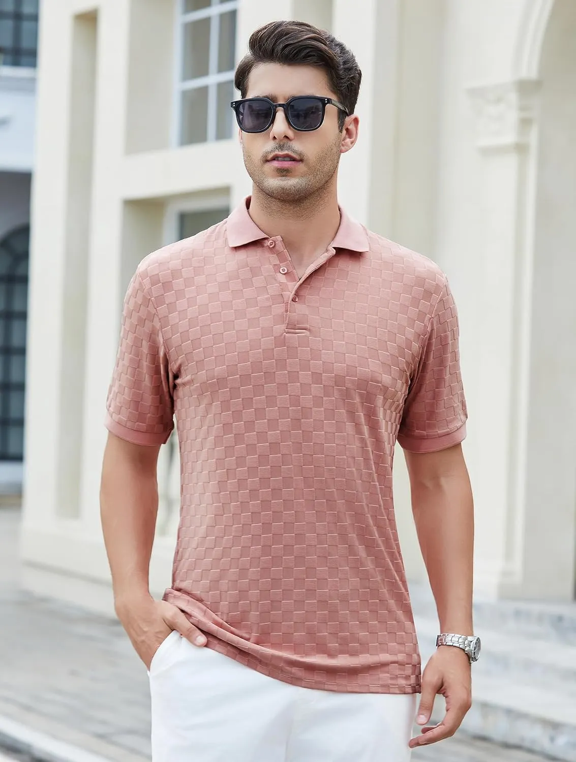 Esabel.C Men's Zipper Polo Shirts Textured Knit Short Sleeve Ribbed Stretchy Polo Shirts for Men