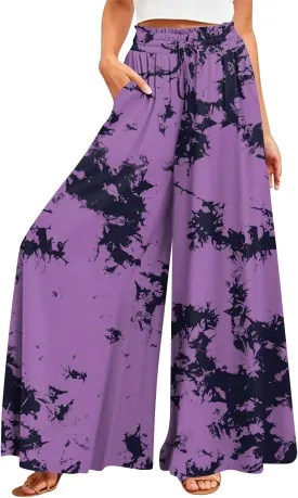 FlekmanArt Women's 2025 Summer Wide Leg Palazzo Pants High Waisted Flowy Pockets Trendy Casual Lounge Boho Beach Trouser