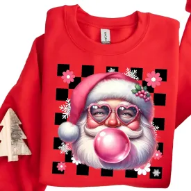 Gum Blowing Santa Claus in Pink Sunglasses Christmas Shirt Christmas Tee Family Sweatshirts Funny Santa Christmas Shirts for Women Christmas 2024 T-Shirt Family Matching Christmas Sweatshirt