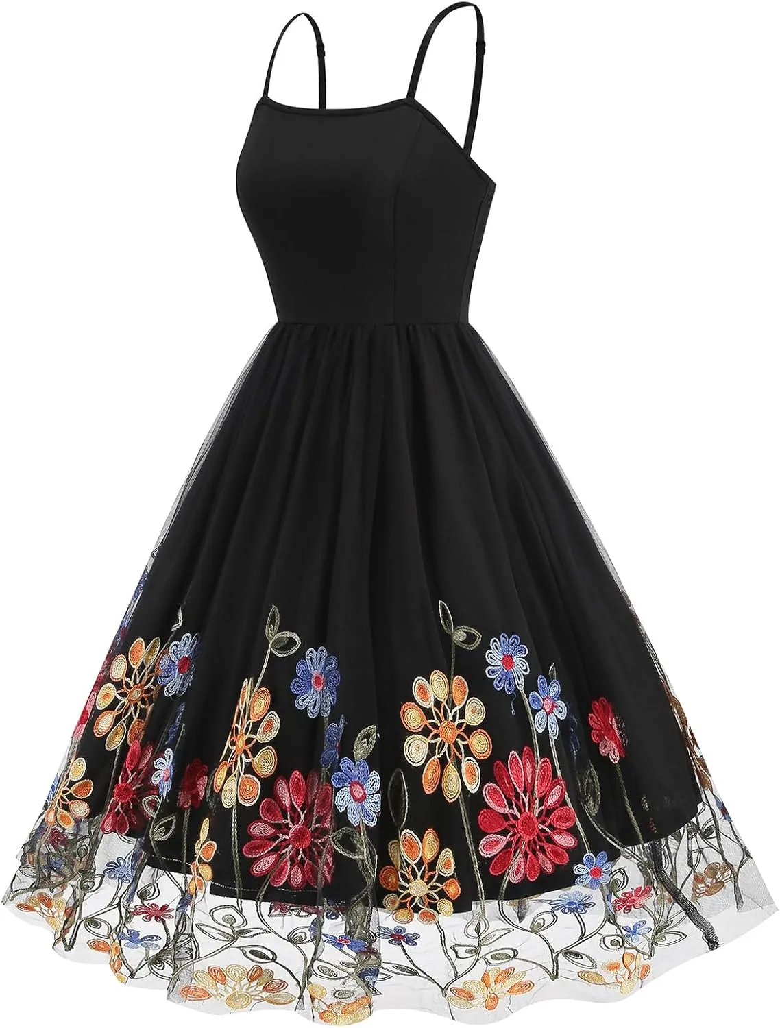 IDOPIP Women Sleeveless Straps Floral Embroidery Mesh Dress 1950s Vintage Cocktail Party Swing Dress Formal Retro Midi Dress