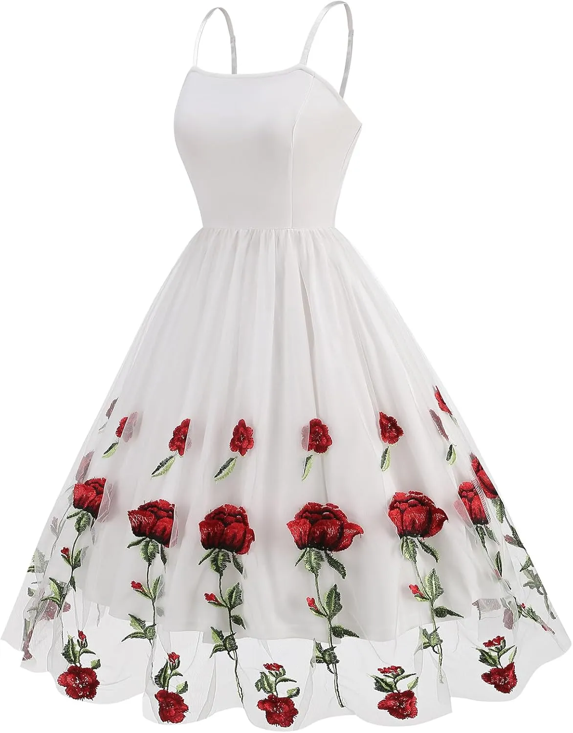 IDOPIP Women Sleeveless Straps Floral Embroidery Mesh Dress 1950s Vintage Cocktail Party Swing Dress Formal Retro Midi Dress