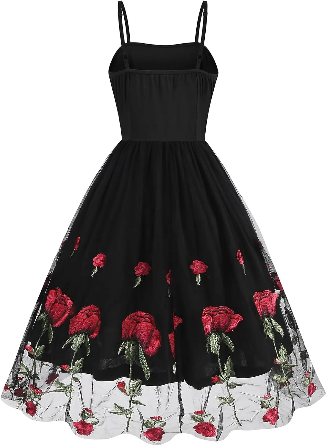 IDOPIP Women Sleeveless Straps Floral Embroidery Mesh Dress 1950s Vintage Cocktail Party Swing Dress Formal Retro Midi Dress