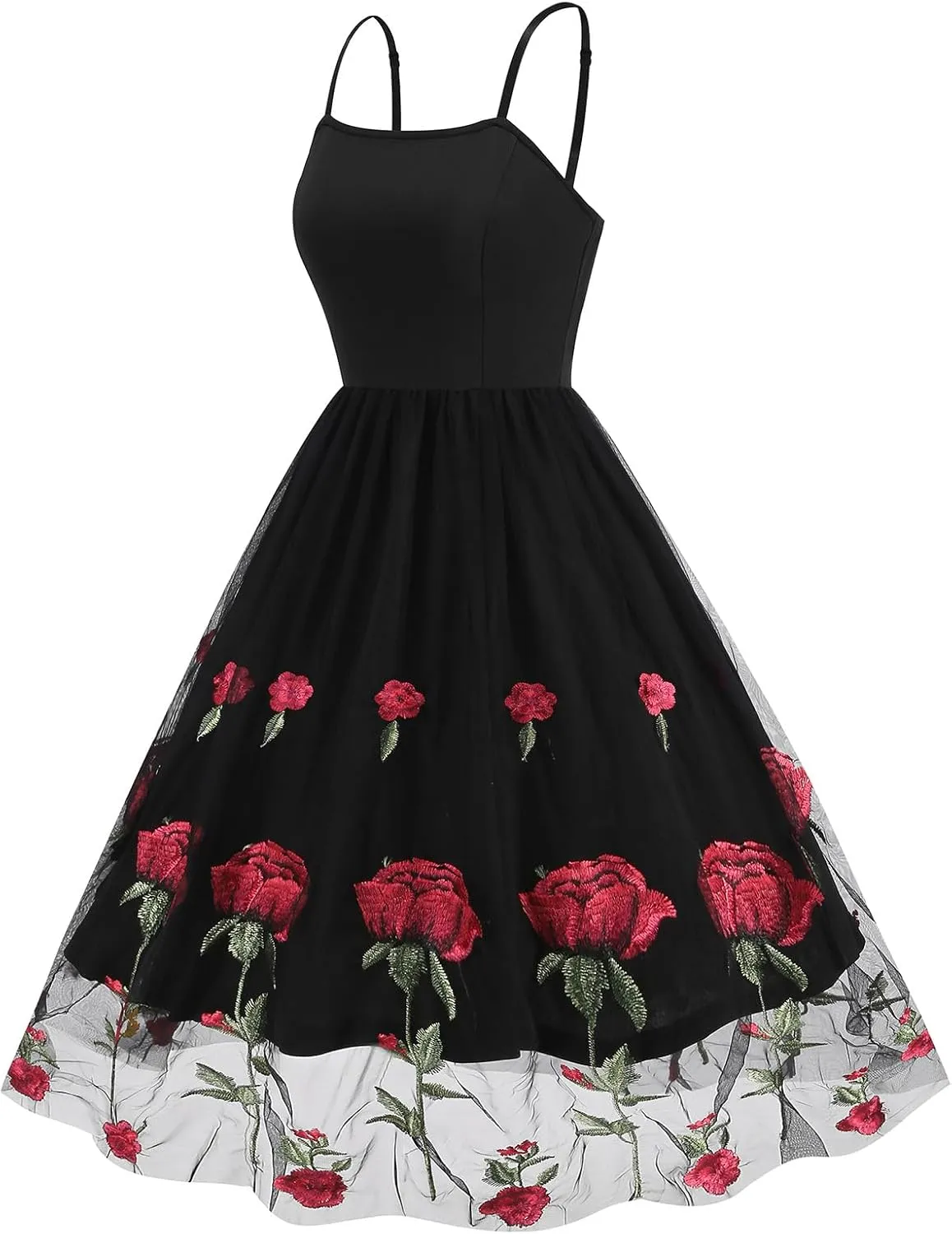 IDOPIP Women Sleeveless Straps Floral Embroidery Mesh Dress 1950s Vintage Cocktail Party Swing Dress Formal Retro Midi Dress