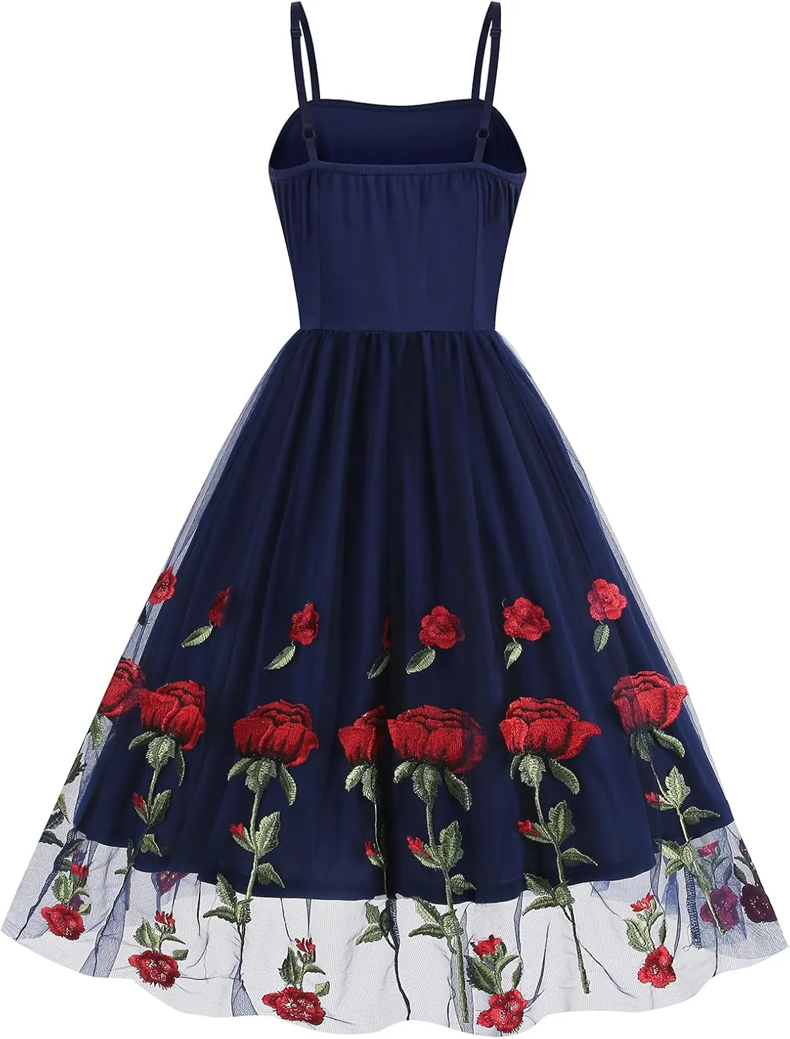 IDOPIP Women Sleeveless Straps Floral Embroidery Mesh Dress 1950s Vintage Cocktail Party Swing Dress Formal Retro Midi Dress