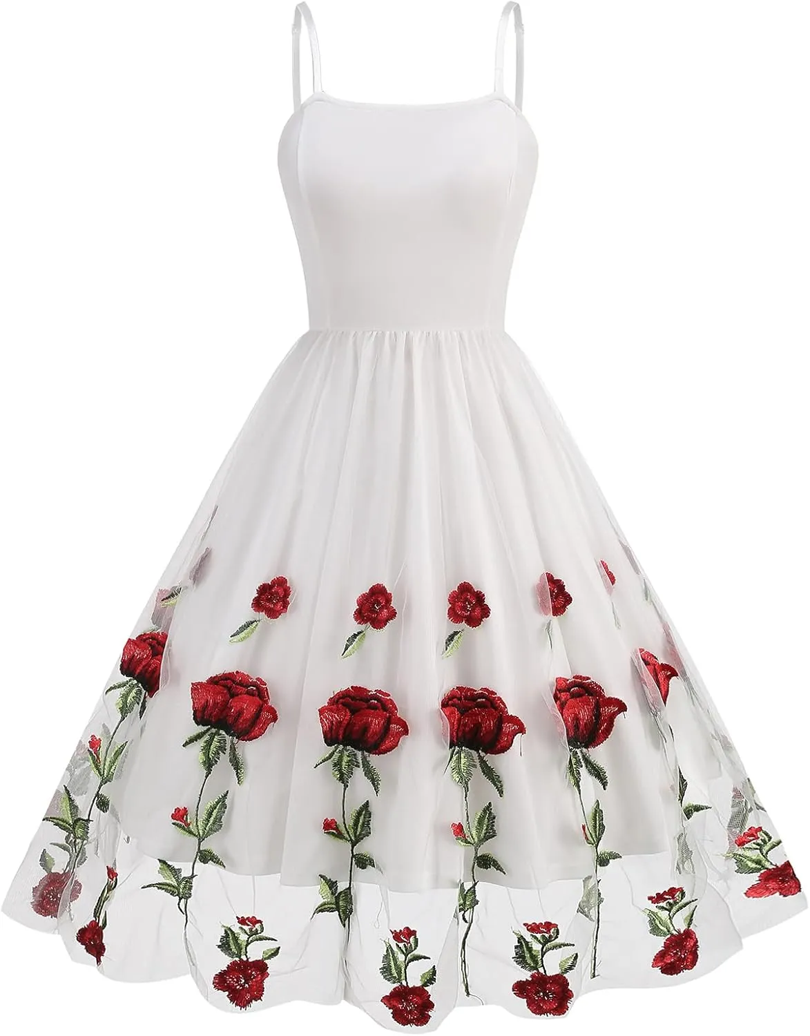 IDOPIP Women Sleeveless Straps Floral Embroidery Mesh Dress 1950s Vintage Cocktail Party Swing Dress Formal Retro Midi Dress
