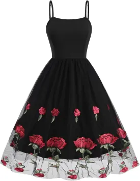 IDOPIP Women Sleeveless Straps Floral Embroidery Mesh Dress 1950s Vintage Cocktail Party Swing Dress Formal Retro Midi Dress