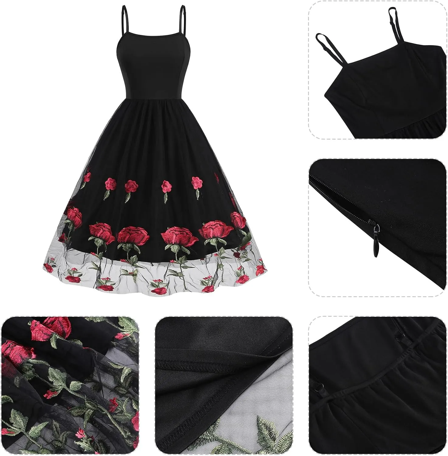IDOPIP Women Sleeveless Straps Floral Embroidery Mesh Dress 1950s Vintage Cocktail Party Swing Dress Formal Retro Midi Dress