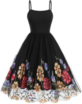 IDOPIP Women Sleeveless Straps Floral Embroidery Mesh Dress 1950s Vintage Cocktail Party Swing Dress Formal Retro Midi Dress