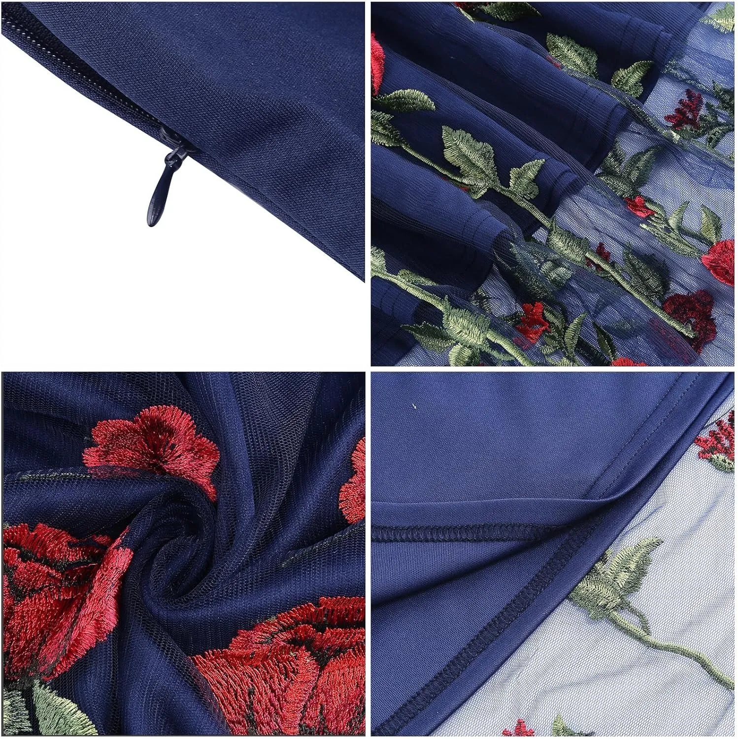 IDOPIP Women Sleeveless Straps Floral Embroidery Mesh Dress 1950s Vintage Cocktail Party Swing Dress Formal Retro Midi Dress